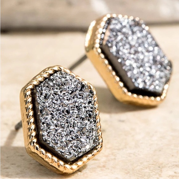 Anthropologie Jewelry - 14k Gold Plated Dark Grey Druzy Gem Stone Gemstone Hexagon Stud Earrings